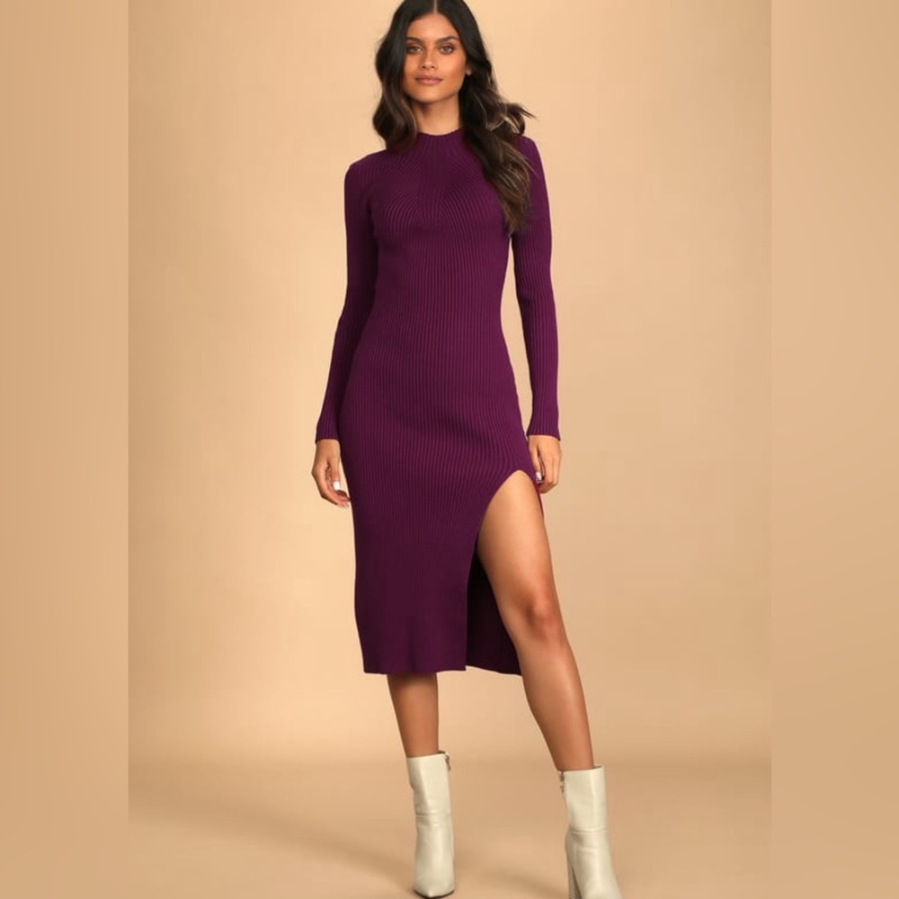Lulus Wondrous Winter Plum Ribbed Long sleeve Ribbed Bodycon sweater dress